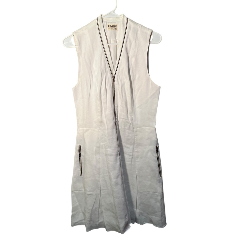L'agence Intermix Women's Size 8 Ava Zip Front Mini Dress White V-Neck Stretch